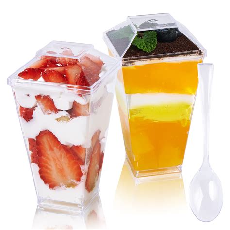 Jolly Chef 100 X 3 Oz Mini Dessert Cups With Spoons And Lids Square Tall Clear Plastic