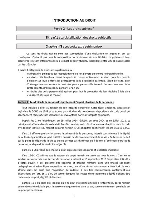 Chapitre N Les Droits Extra Patrimoniaux Introduction Au Droit