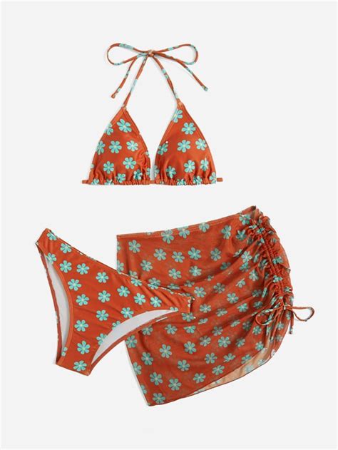 Romwe X Gabiciamp Pack Floral Print Halter Bikini Swimsuit Ruched