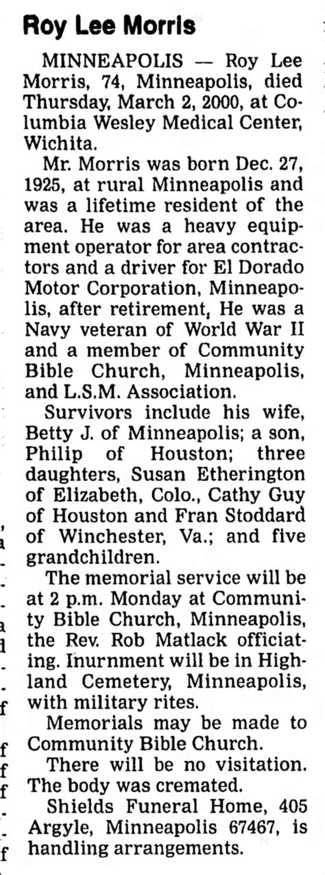 Obituary Of Roy Lee Morris 2 March 2000 ™