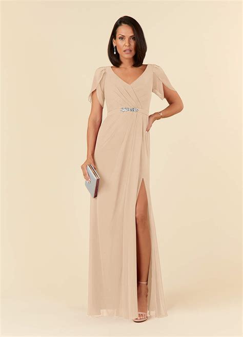 Sand Azazie Marianne Sheath V Neck Pleated Chiffon Floor Length Dress