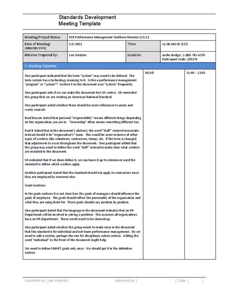 Standards Development Meeting Minutes Template Free Download