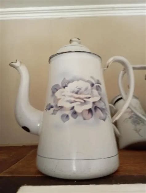 Ancienne Cafeti Re Maill E D Cor De Fleurs Couleur Bleu Vert Clair Eur