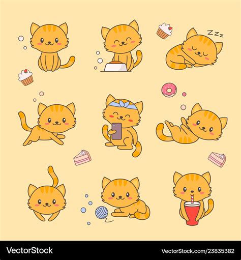 Cute Kitten Kawaii Character Sticker Set Cat Vector Image