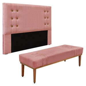 Kit Cabeceira E Calçadeira Recamier Casal 1 40m Gênova Veludo Rosa