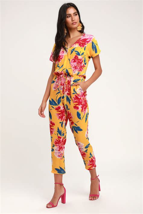 Mustard Yellow Floral Print Jumpsuit Surplice Jumpsuit Lulus