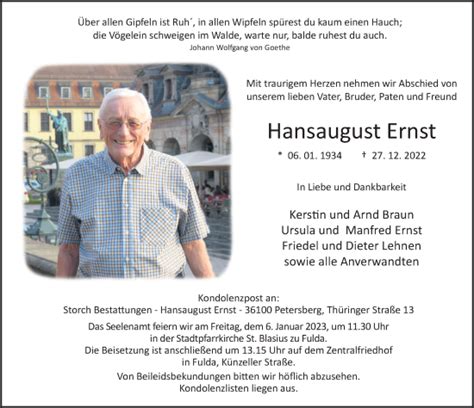 Traueranzeigen Von Hansaugust Ernst Trauer36 De