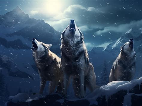 A pack of wolves howling at the full moon in a snowy wilderness ...