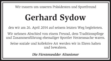 Traueranzeigen von Gerhard Sydow Märkische Onlinezeitung Trauerportal