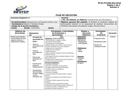 Plan De Ejecuci N Inicio De Paquete De Office Plan De Ejecuci N Rt