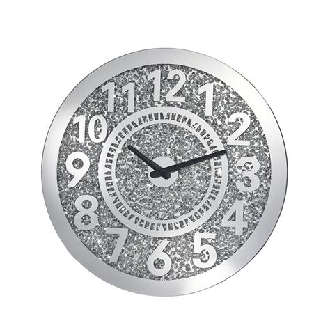 Wall Clock Mirror Crushed Diamond Silver Crushed Crystal Filled Sparkly