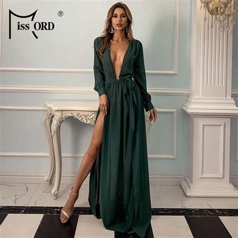 Missord 2021 Sexy See Through Deep V Neck Boho Beach Dress Long Sleeve