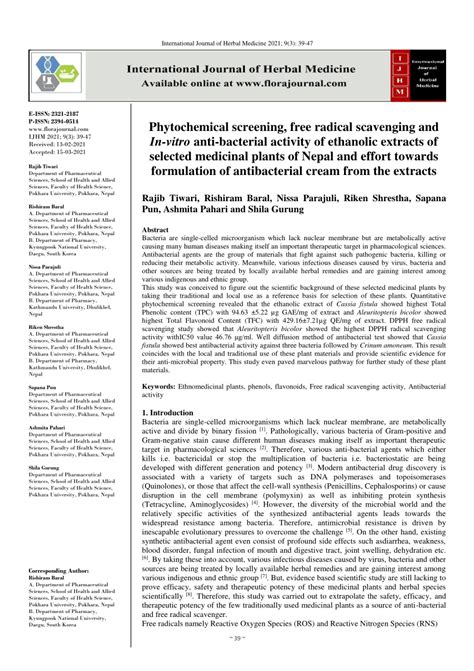 PDF Corresponding Author Phytochemical Screening Free Radical