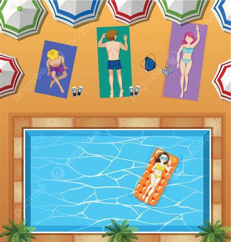 People Relaxing At Swimming Pool Swimming Drawing Background Vector