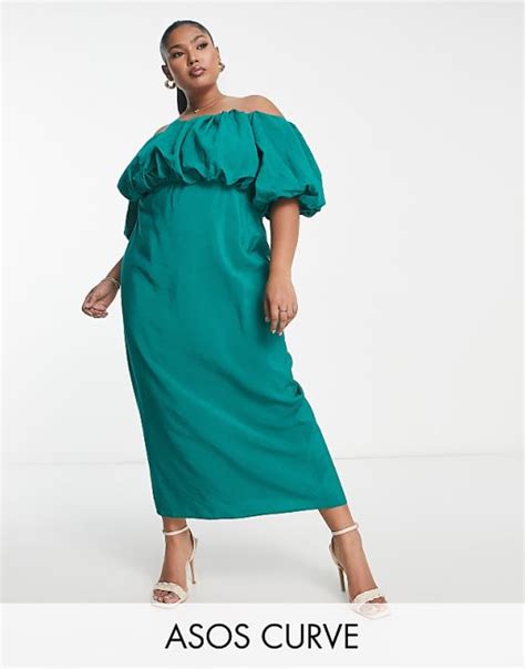 Asos Design Curve Schulterfreies Midikleid In Grün Mit Puff Detail Asos