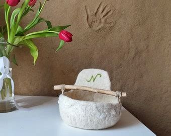 Felted Vessel Felt Bowl Wool Natural Bowl Wooden Handle Felt Basket