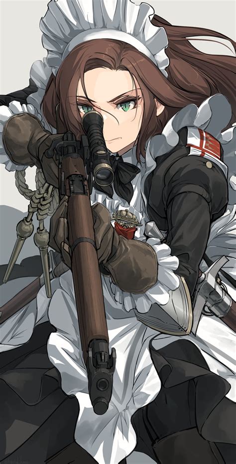 Safebooru 1girl Aiming Apron Asterisk Kome Bolt Action Closed Mouth Frilled Gloves Frills