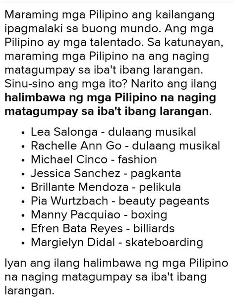 Mga Pangalan Ng Pilipinong Naging Matagumpay Sa Iba T Ibang Larangan