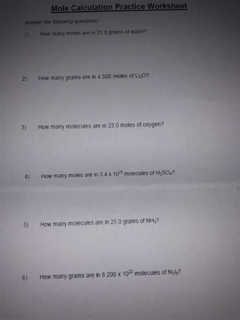 Solved Mole Calculation Practice Worksheet Answer The