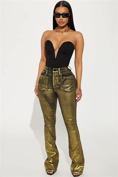 So Golden Foil Print Stretch Bootcut Jeans Black Gold Fashion Nova