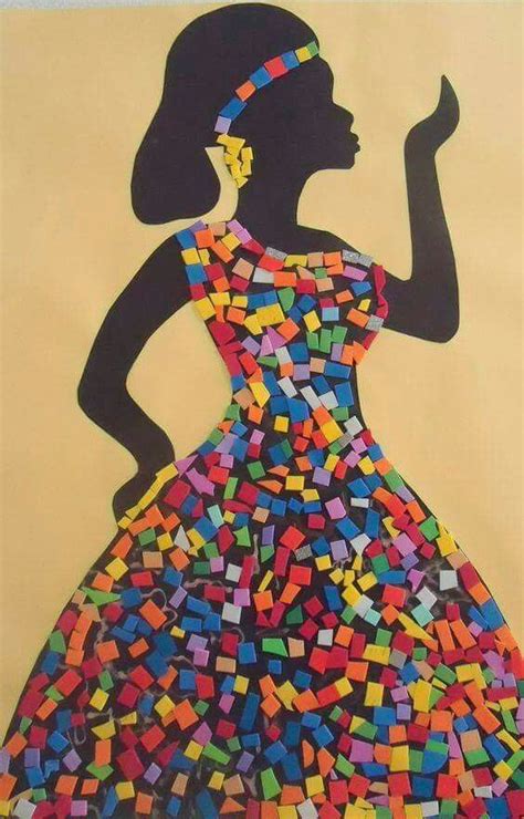 A Woman In A Colorful Dress Made Out Of Small Pieces Of Colored Paper