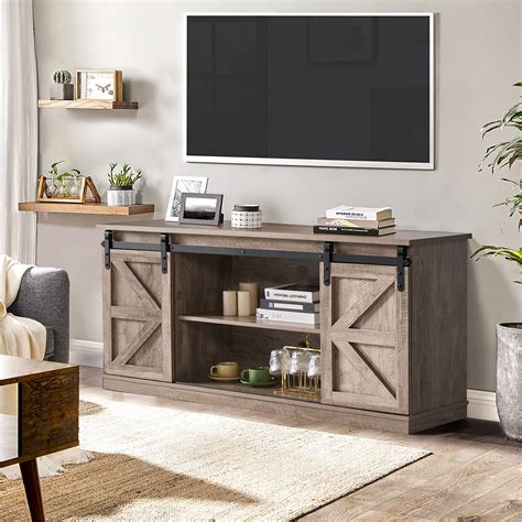 Oneinmil Farmhouse Tv Stand For 65 Inch Tv Sliding Barn Door Tv Stand