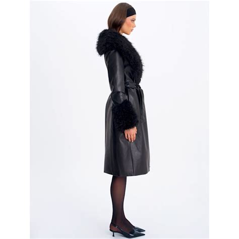 Zariah Black Faux Fur Trimmed Longline Coat Miss Circle New York