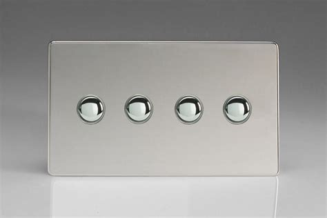 Varilight Flat Plate Screwless Polished Chrome 4 Gang 6a 1 Or 2 Way Push Onoff Impulse Switch