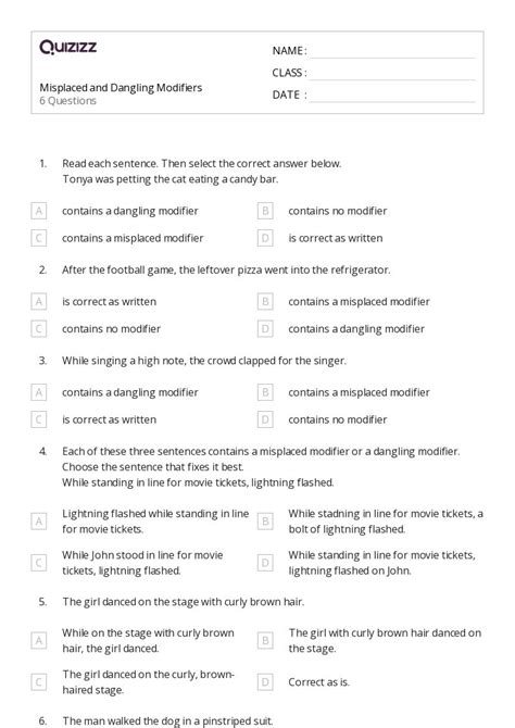 50 Misplaced And Dangling Modifiers Worksheets For 7th Grade On