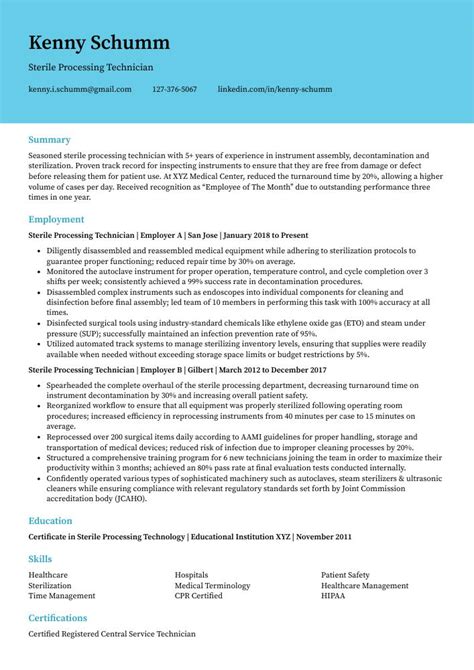 Sterile Processing Technician Resume CV Example And Writing Guide