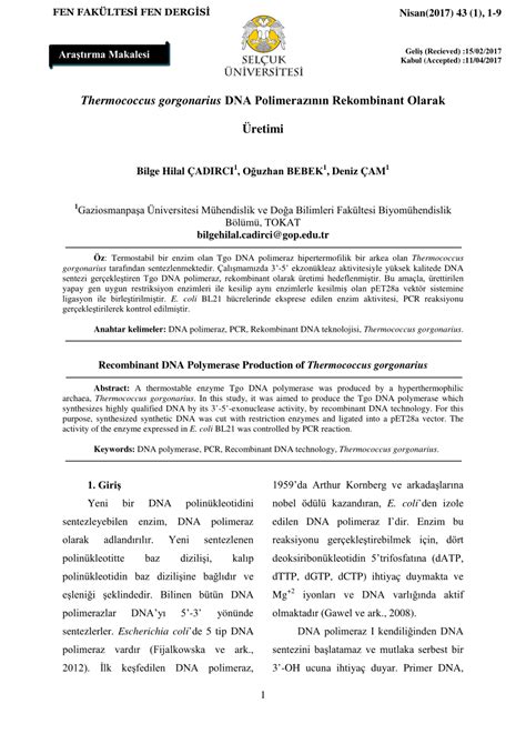 Pdf Recombinant Dna Polymerase Production Of Thermococcus Gorgonarius