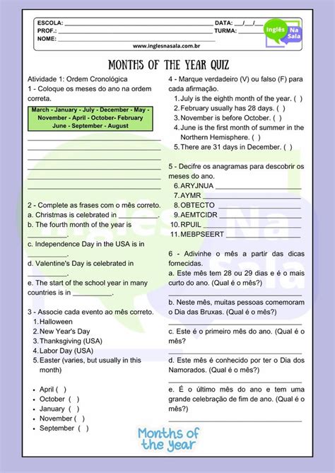 Atividades De Ingles Com Os Meses Do Ano - Aprenda os Meses do Ano em Inglês com Atividades Prontas | Frases sobre ...