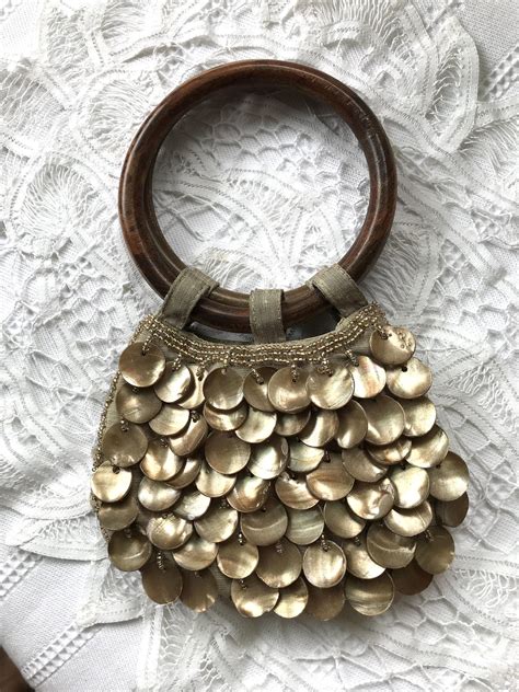 Vintage Small Mother Of Pearl Shells And Seed Beads Handbag By