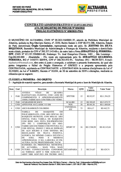 CONTRATO ADMINISTRATIVO Nº 23 0711 001 PMA Prefeitura Municipal de