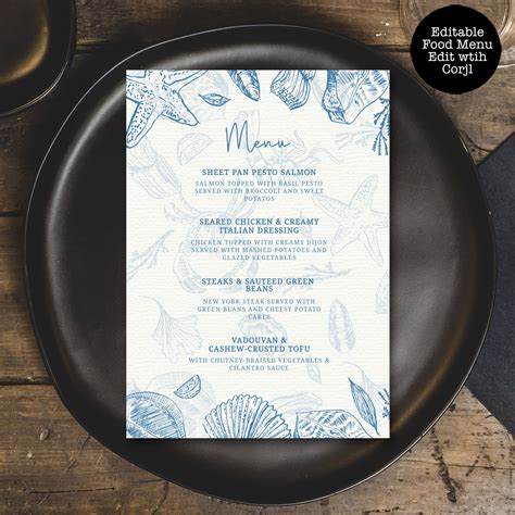 Beach Themed Food Menu Seafood Menu Ocean Themed Menu Dinner Menu Editable Menu Instant