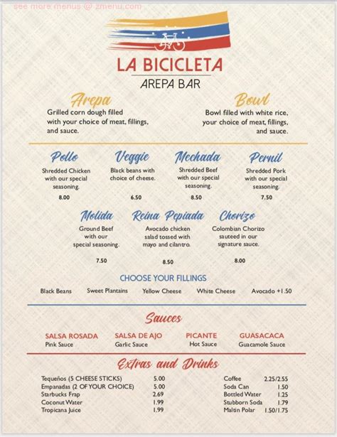 Menu At La Bicicleta Arepa Bar Allentown