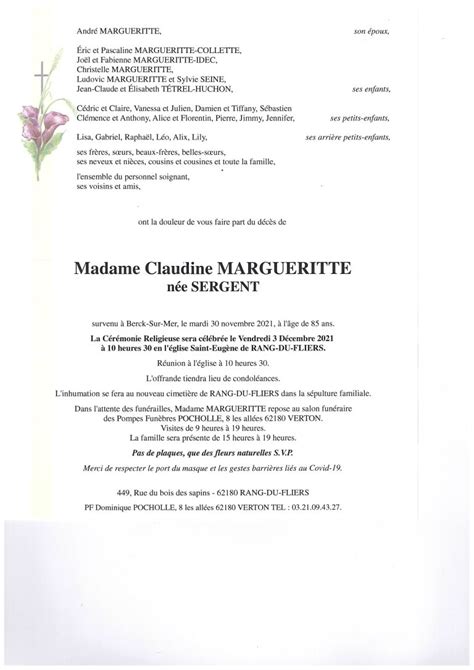 Avis de décès Claudine MARGUERITTE