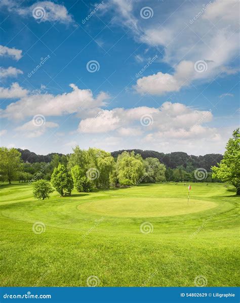 Golf Course Landscape Field With Green Grass Trees Blue Sky Stock