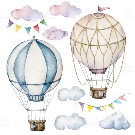 Watercolor Set With Hot Air Balloons And Garland Hand Painted Sky