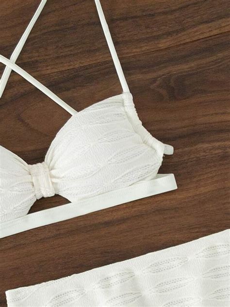 Textured Bikini Set Criss Cross Bra Bikini Bottom Beach Skirt 3 Piece Bathing Suit SHEIN