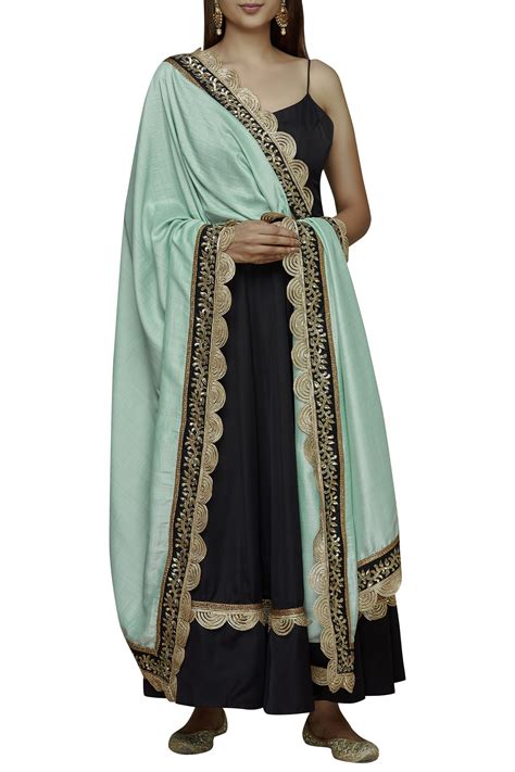 Buy Black Silk Leaf Neck Backless Anarkali With Dupatta For Women By