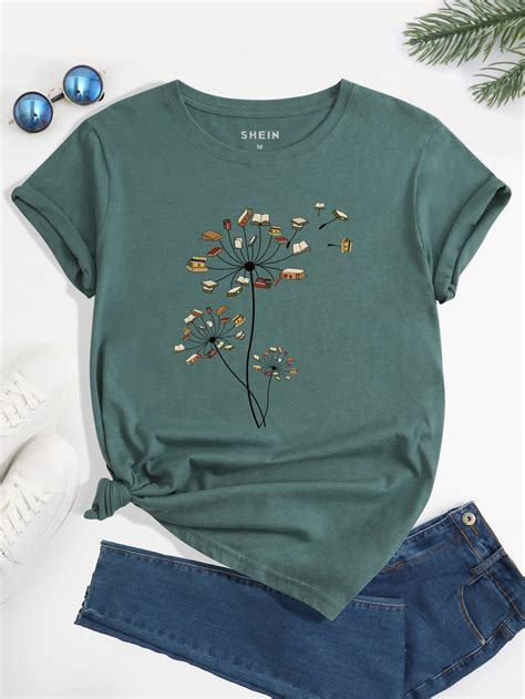 SHEIN LUNE Camiseta diente de león con con estampado de libro Moda de