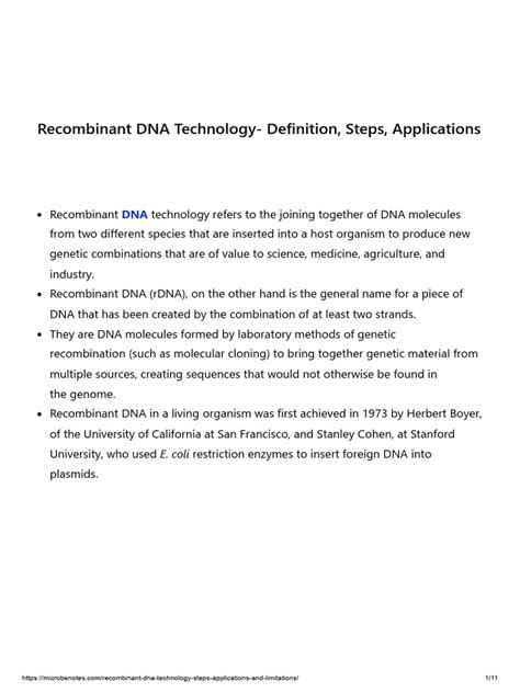 Recombinant Dna Technology Definition Steps Applications Pdf