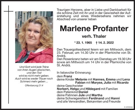 Traueranzeigen Von Marlene Thaler Trauer Bz