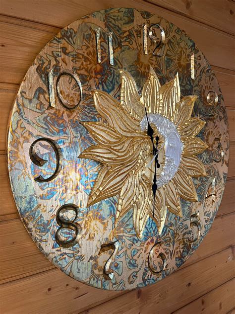 Wood Clock Sun And Moon Oak Wood Clock 24 Etsy