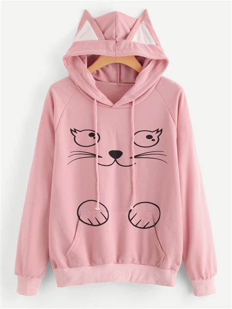 Contrast Cat Ear Cartoon Graphic Hoodie Shein Usa