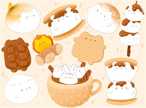 Cute Kawaii Printable Cat S Mores Marshmallow Clipart Commercial Use