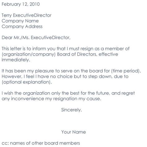 Sample Resignation Letter As Board Member