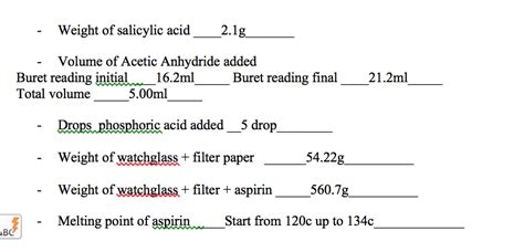 Solved Weight Of Salicylic Acid G Volume Of Acetic Chegg