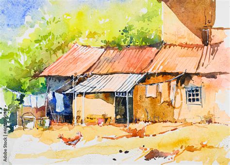 Bright Indian Village Watercolor Painting Hand Painted Village Homes